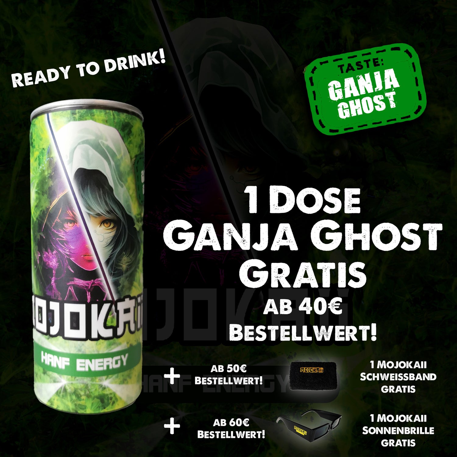 Ganja Ghost, der neue Hanf Energy Drink von Mojokaii. Eine Dose Gratis ab einem Bestellwert von 40€